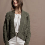 a traditional Irish Cashmere Aran Cardigan Sweater with Blackberry Stitch in Green