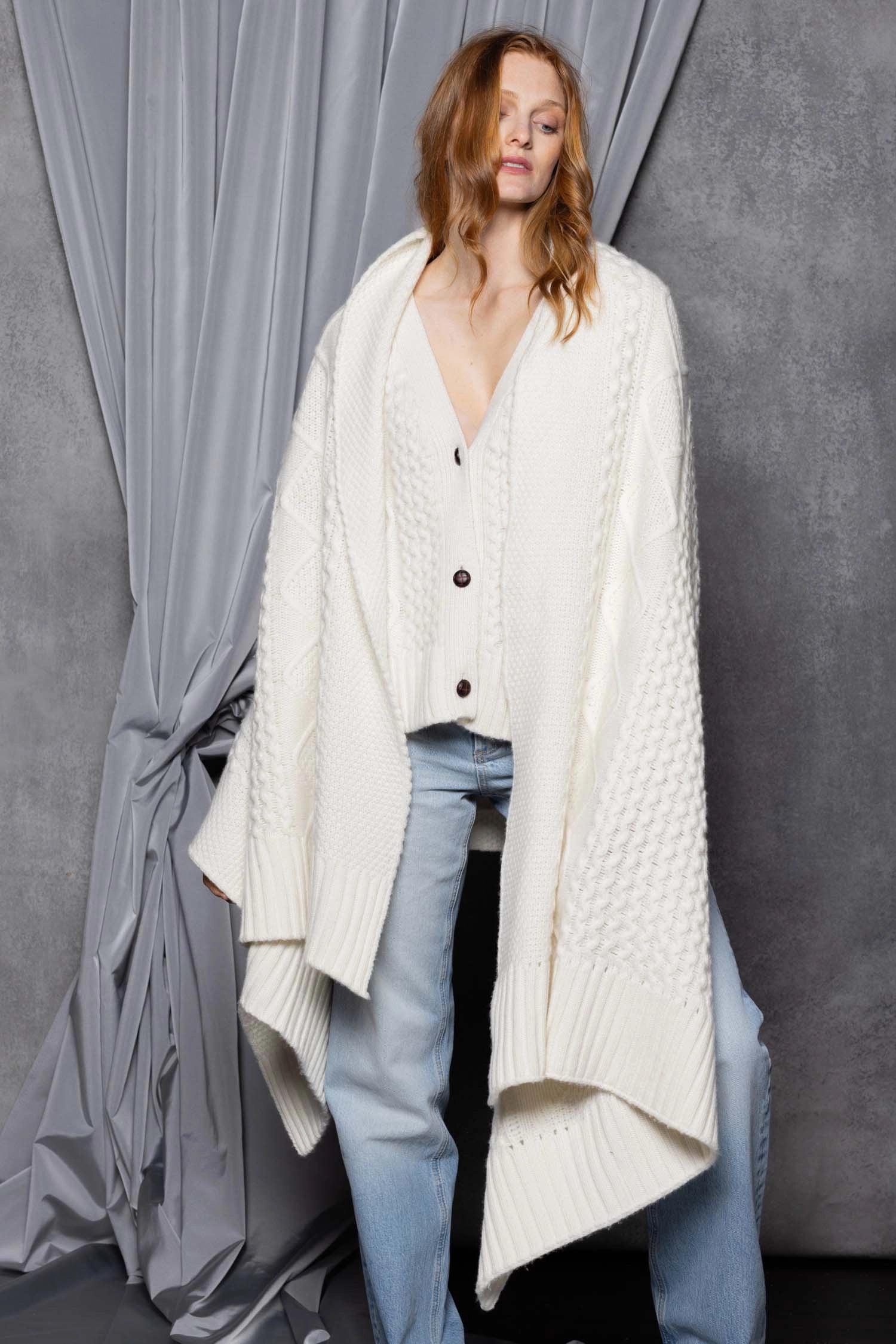 Cashmere Aran Throw Blanket in Cream