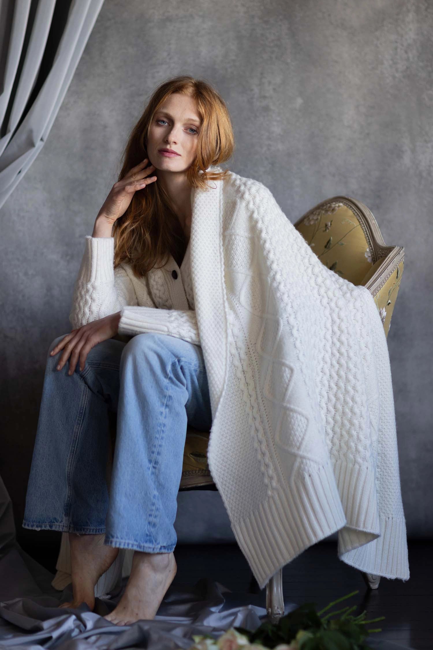 Cashmere Aran Throw Blanket in Cream