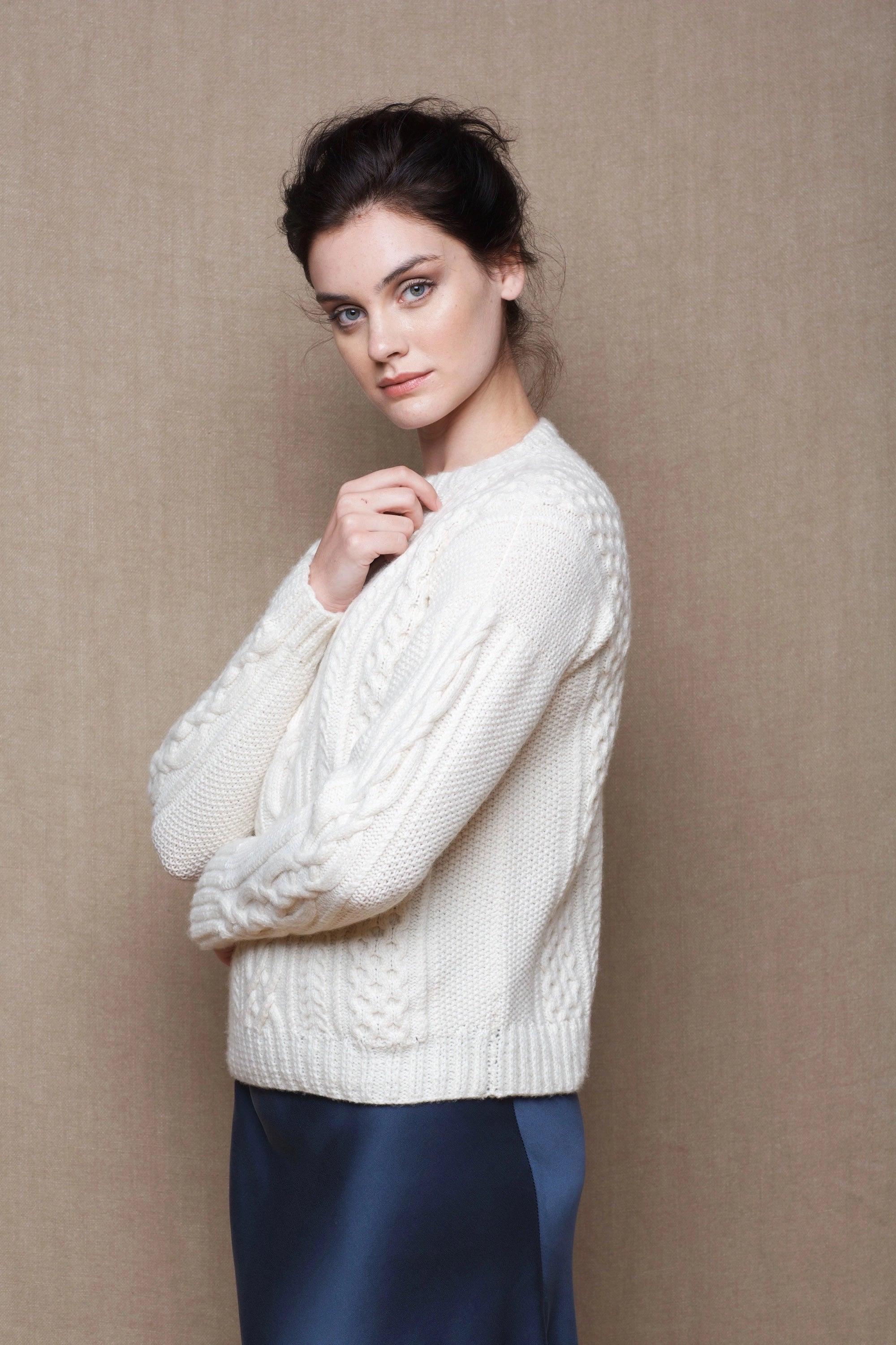 Cashmere Aran Irish Sweater in Cream