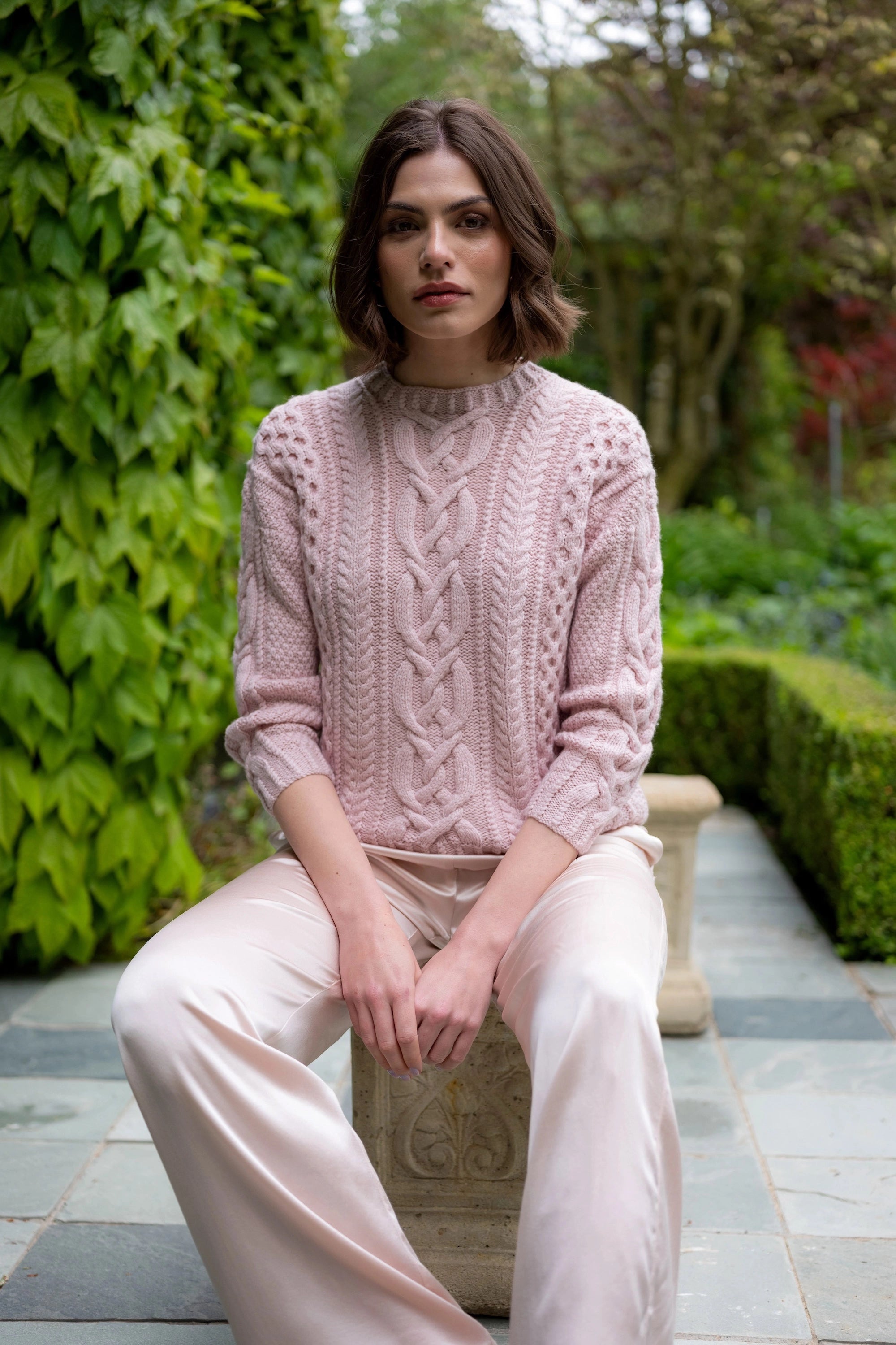 Cashmere Aran Irish Sweater in Pink