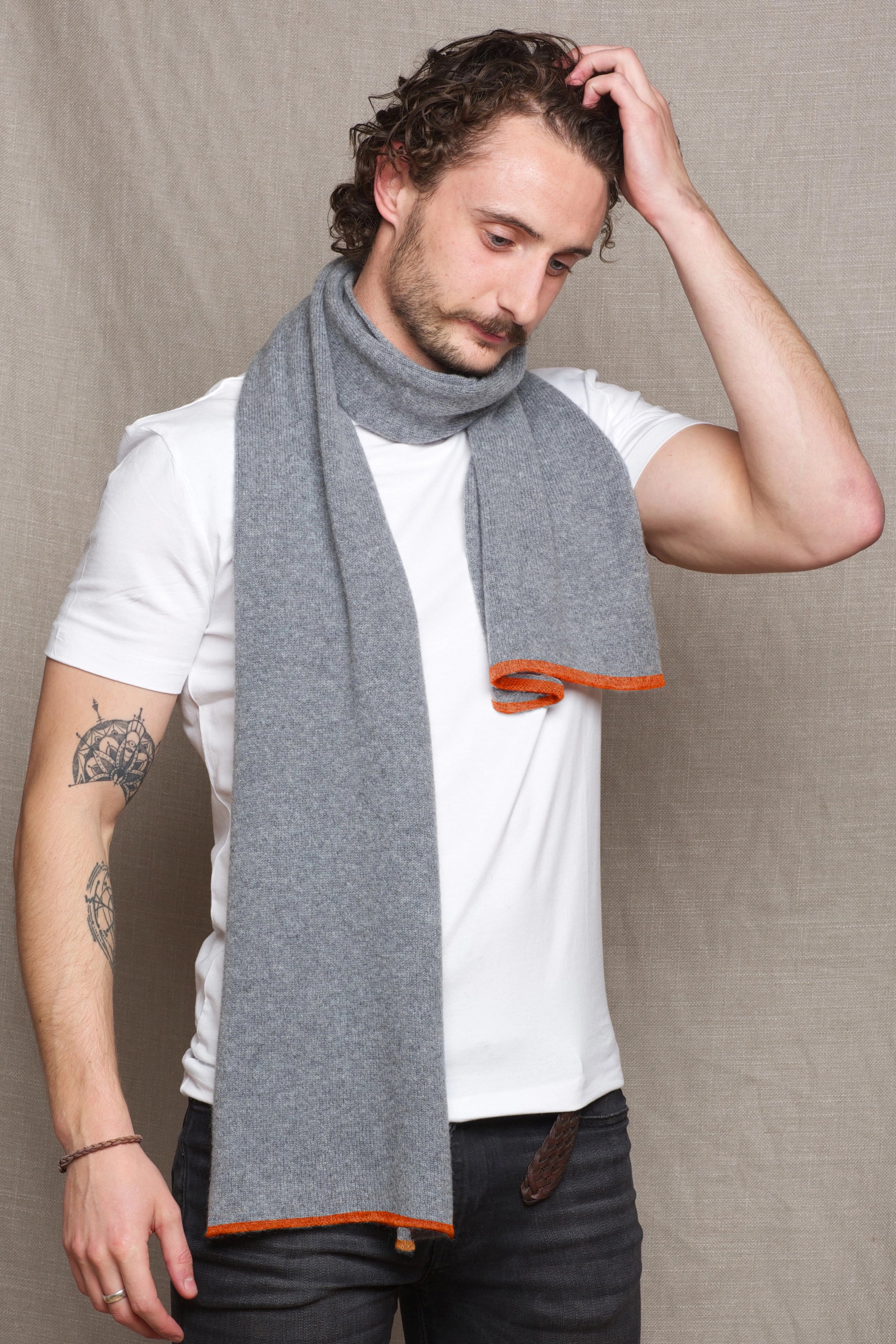 Luxury Mens Cashmere Scarf Grey and Orange