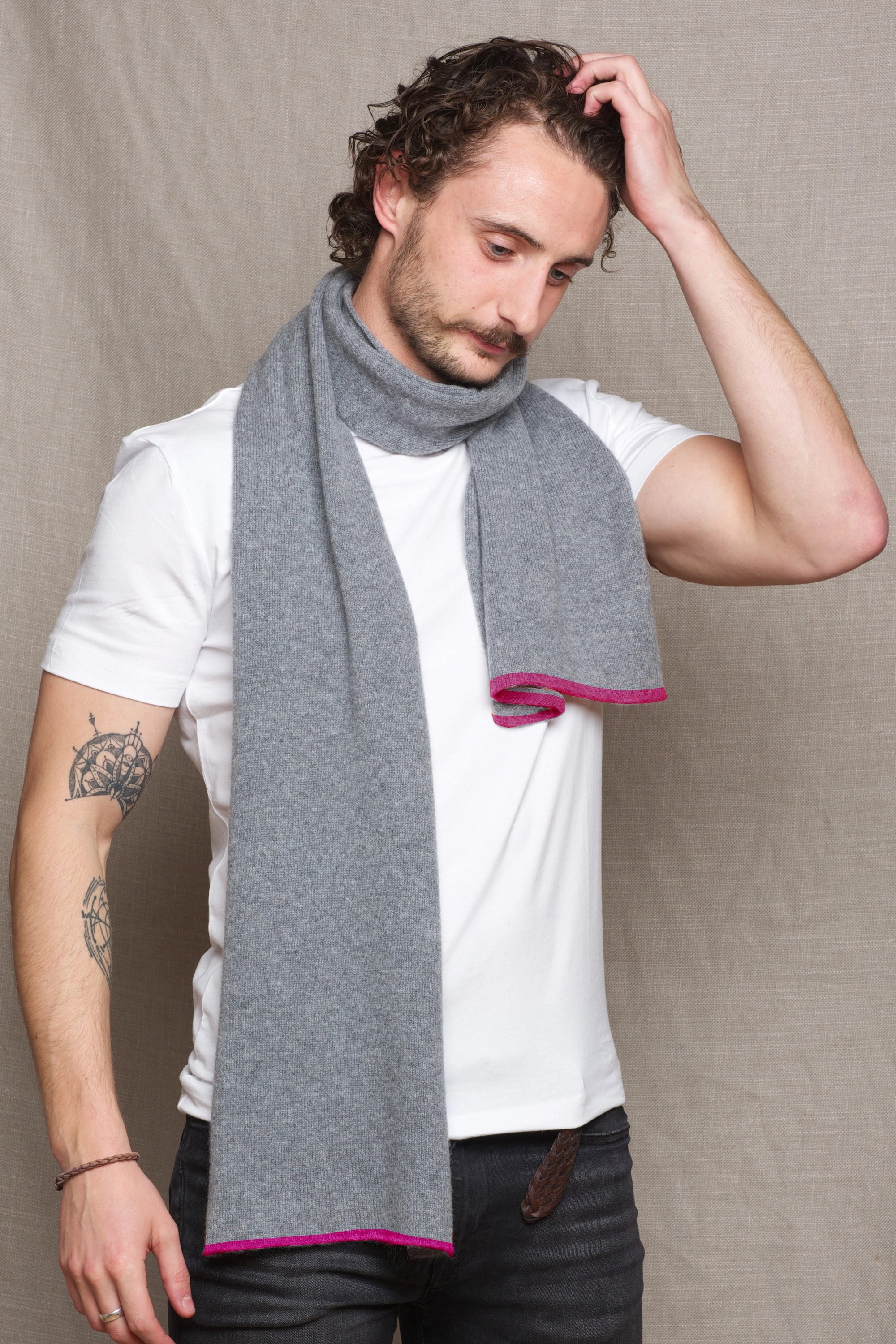 Luxury Mens Cashmere Scarf Grey and Pink