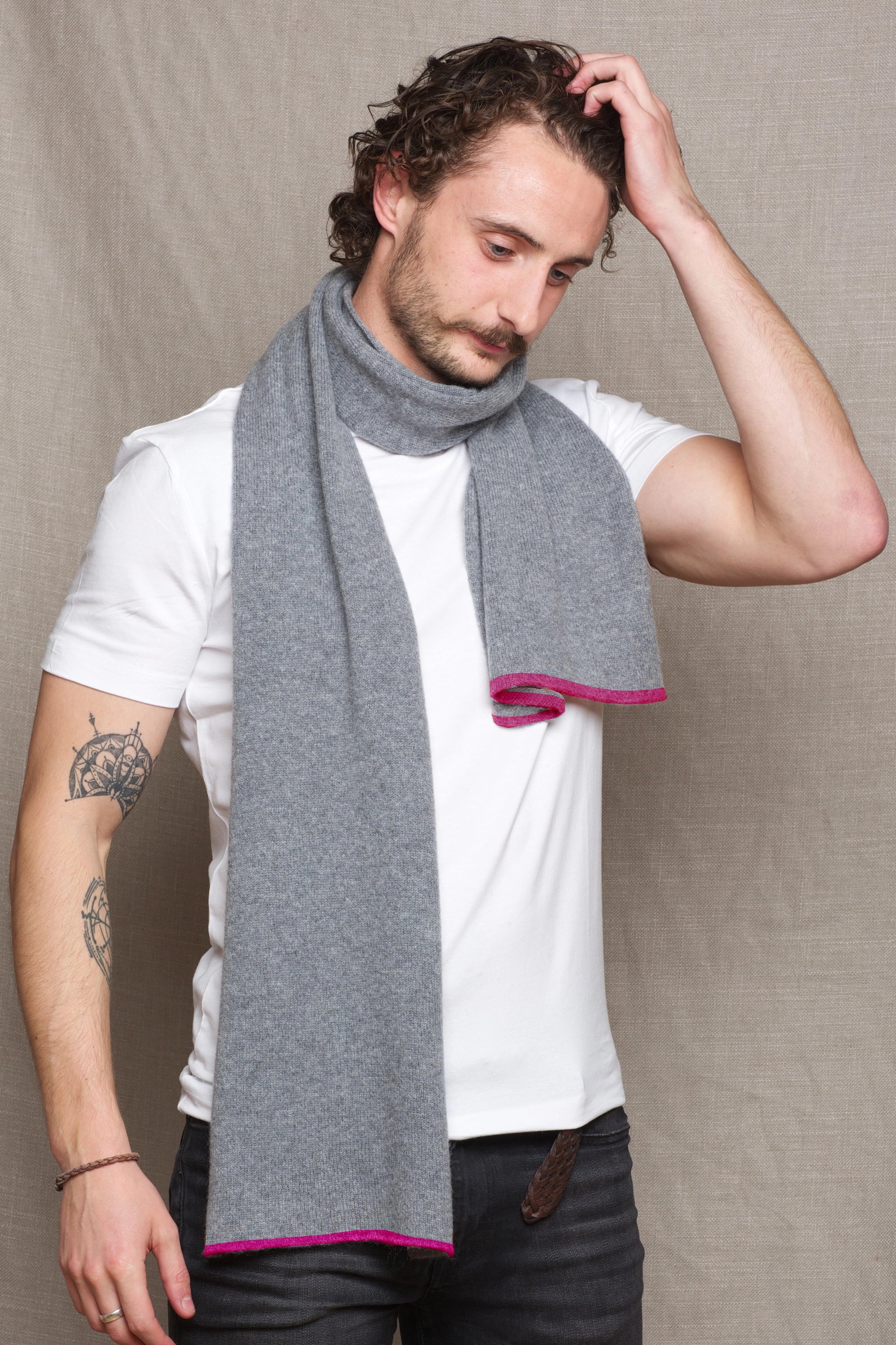 Luxury Mens Cashmere Scarf Grey and Pink