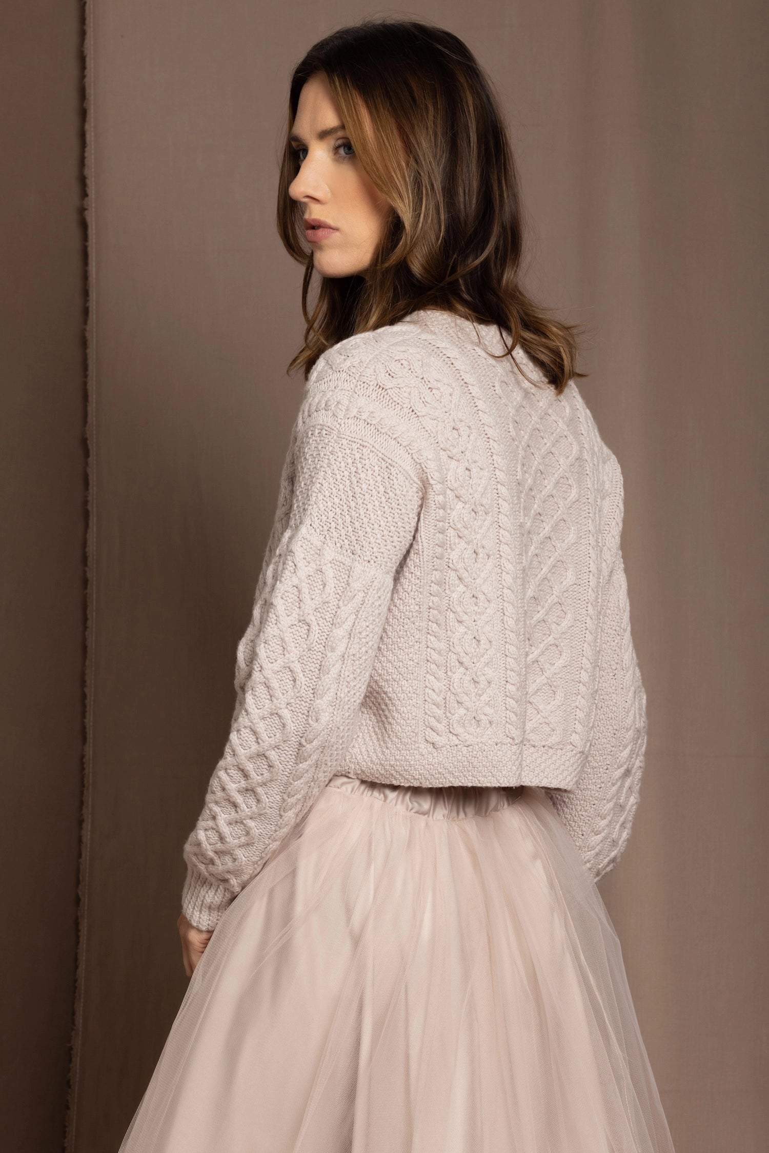 cashmere aran cardigan sweater in pink