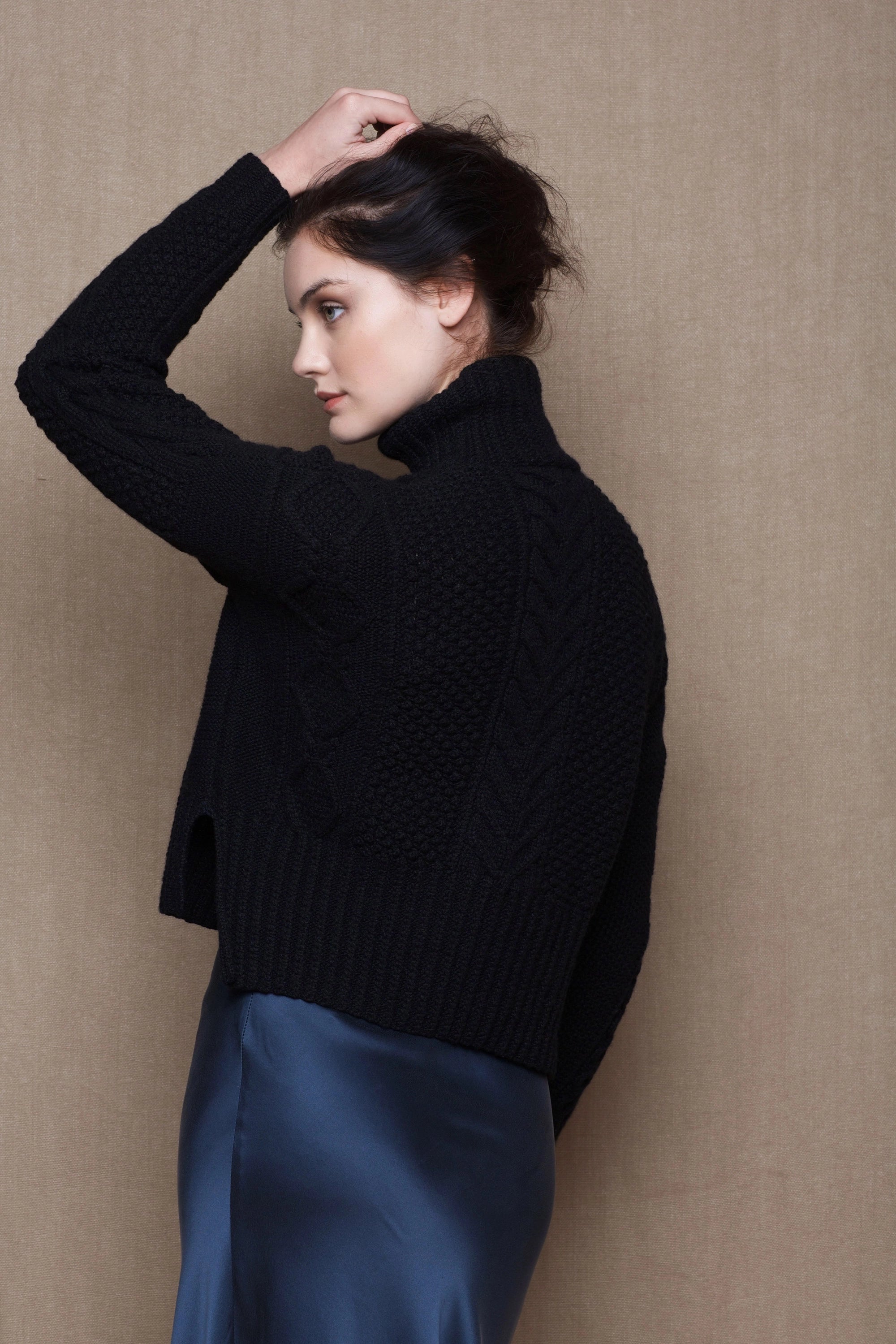 Handknit Irish Cashmere Aran Sweater in Black
