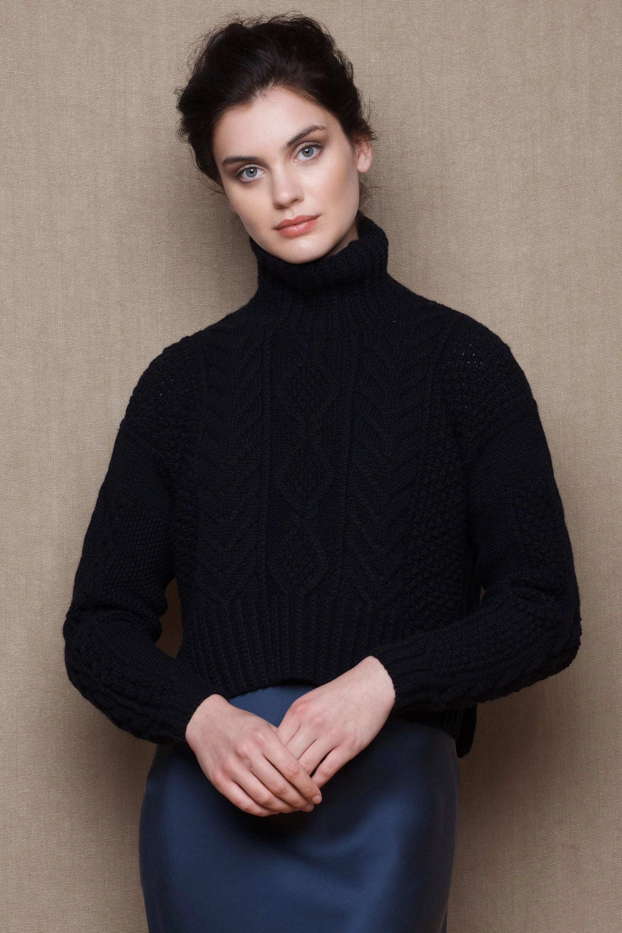 Handknit Irish Cashmere Aran Sweater in Black