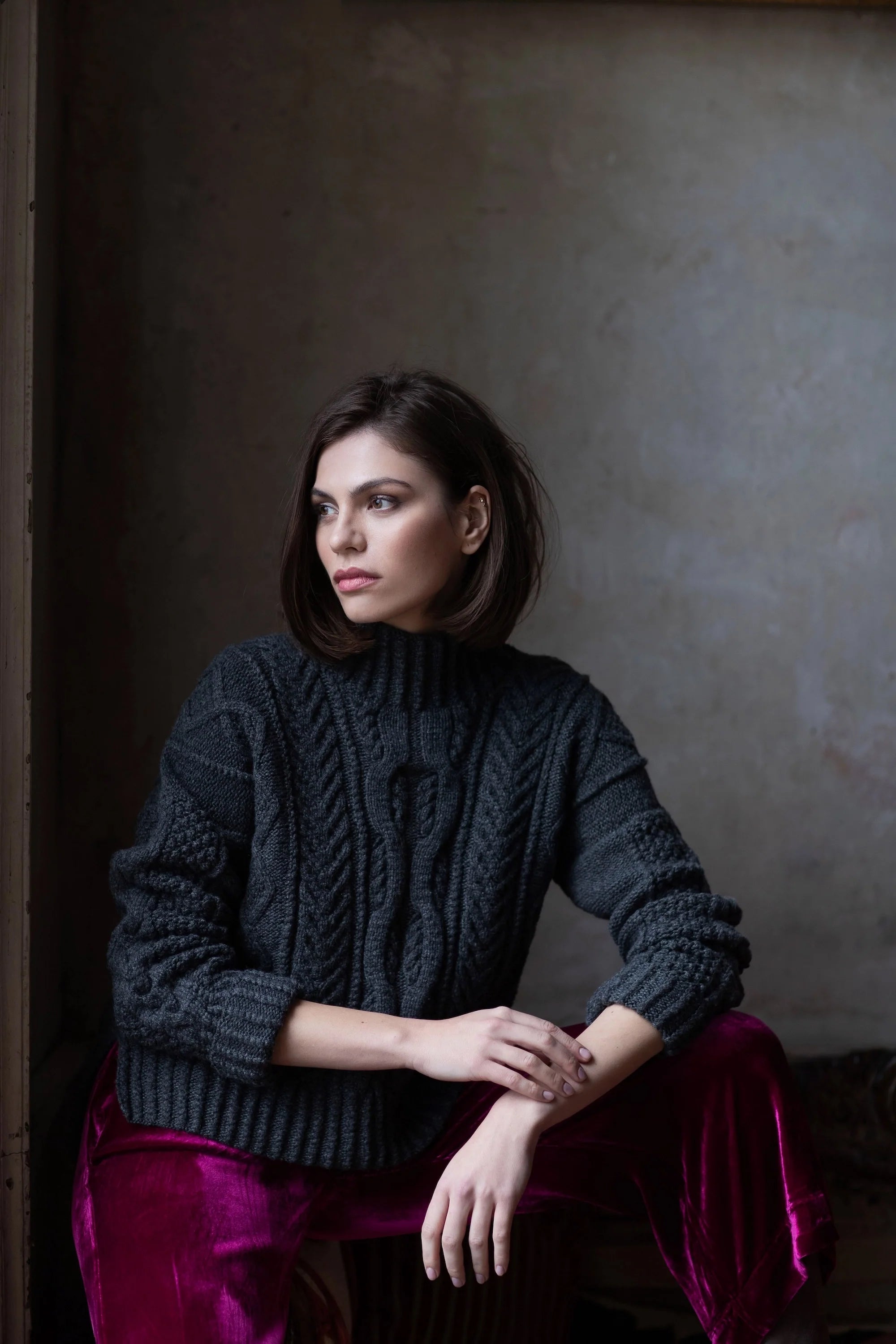 Handknit Irish Cashmere Aran Sweater Charcoal