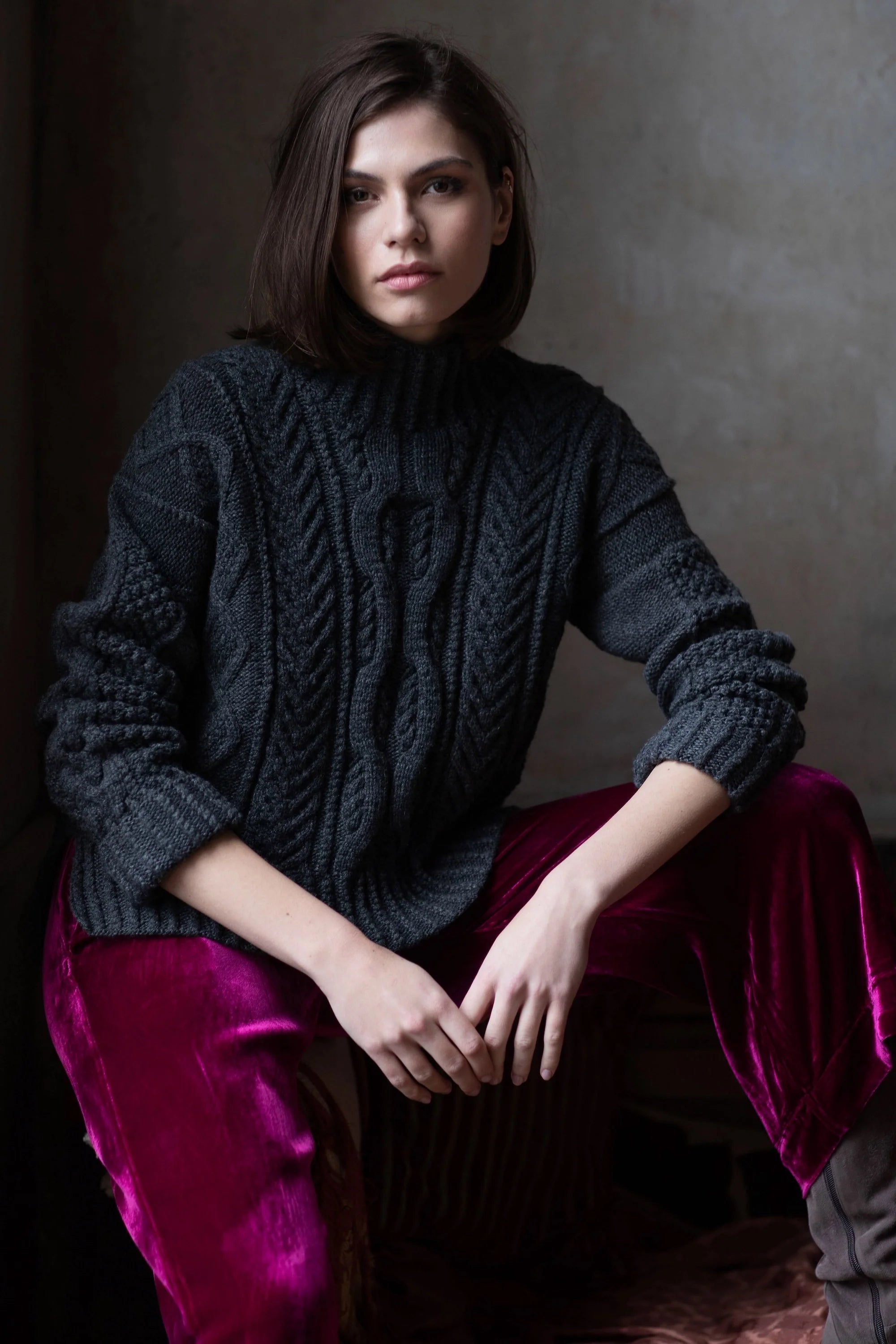 Handknit Irish Cashmere Aran Sweater Charcoal