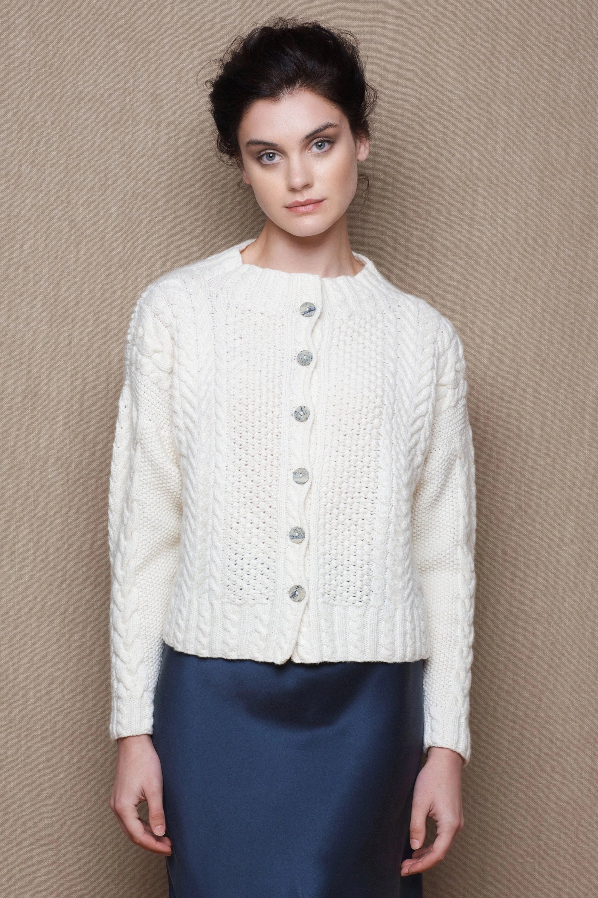 Cashmere Aran Knit Cardigan in Cream