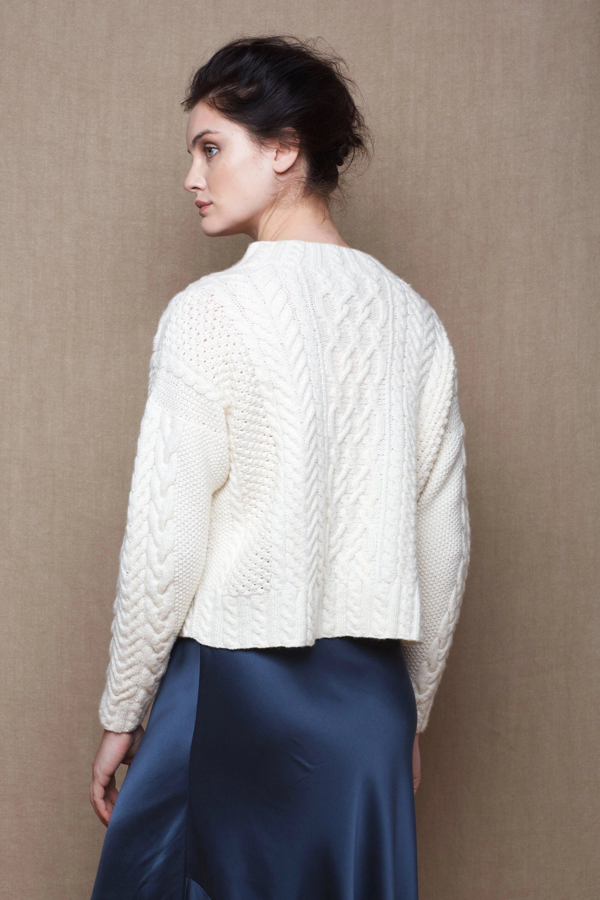 Cashmere Aran Knit Cardigan in Cream