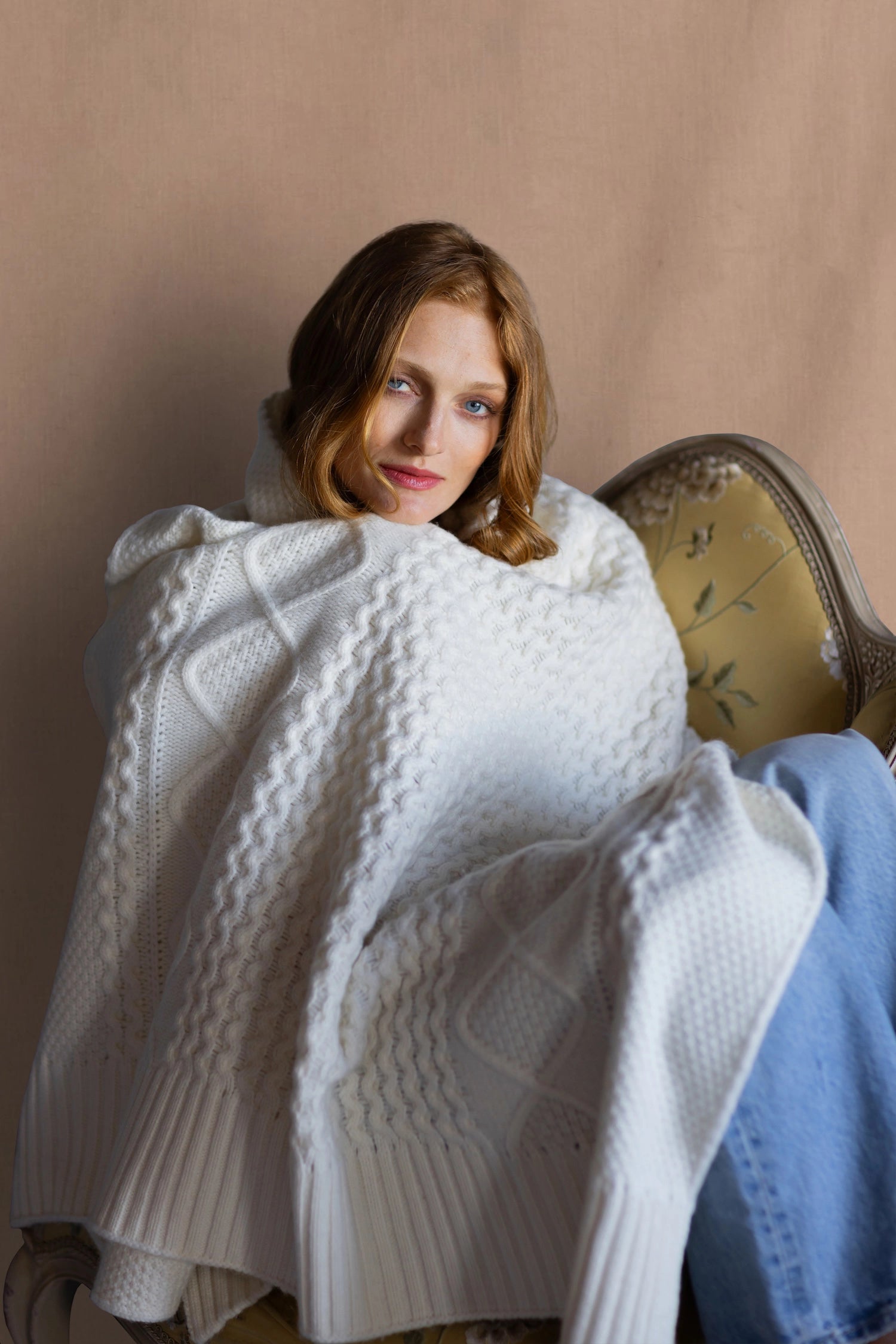 Cashmere Aran Throw Blanket in Cream