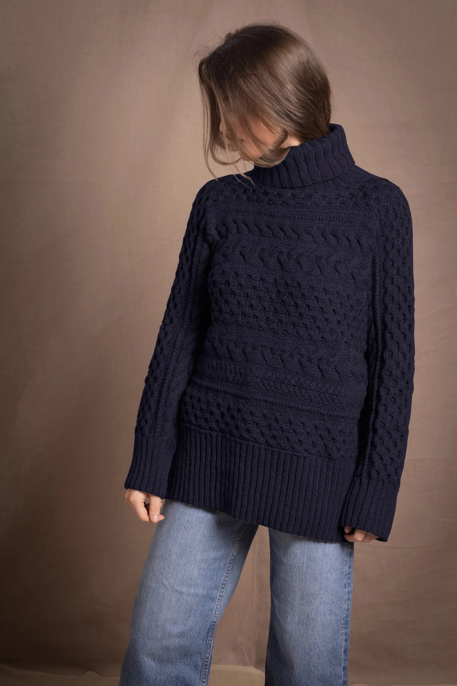 Authentic Irish 100% Cashmere Aran Turtleneck Sweater in Navy Blue