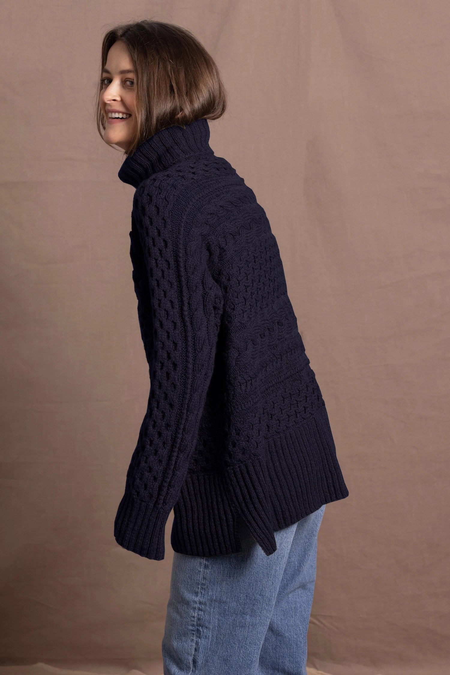 Authentic Irish 100% Cashmere Aran Turtleneck Sweater in Black