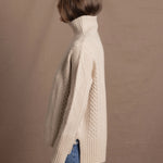 100% Cashmere Aran Sweater with Turtleneck in Cream