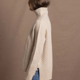100% Cashmere Aran Sweater with Turtleneck in Cream
