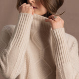 100% Cashmere Aran Sweater with Turtleneck in Cream