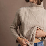 100% Cashmere Aran Sweater with Turtleneck in Cream