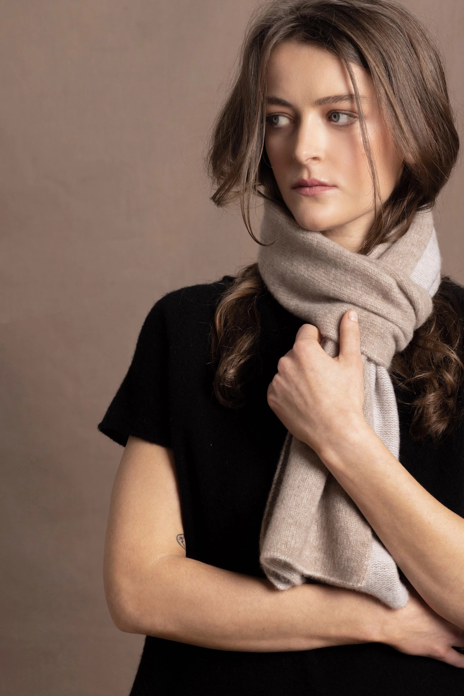a reversible 100% pure cashmere scarf in beige
