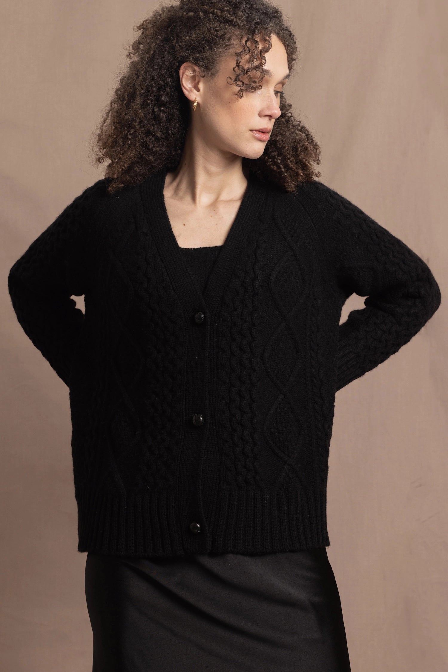 Authentic Irish 100% Cashmere Aran Cardigan Sweater in Black