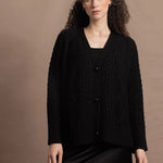 Authentic Irish 100% Cashmere Aran Cardigan Sweater in Black with Black Silk Skirt
