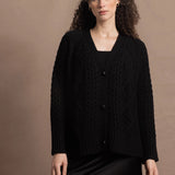 Authentic Irish 100% Cashmere Aran Cardigan Sweater in Black with Black Silk Skirt