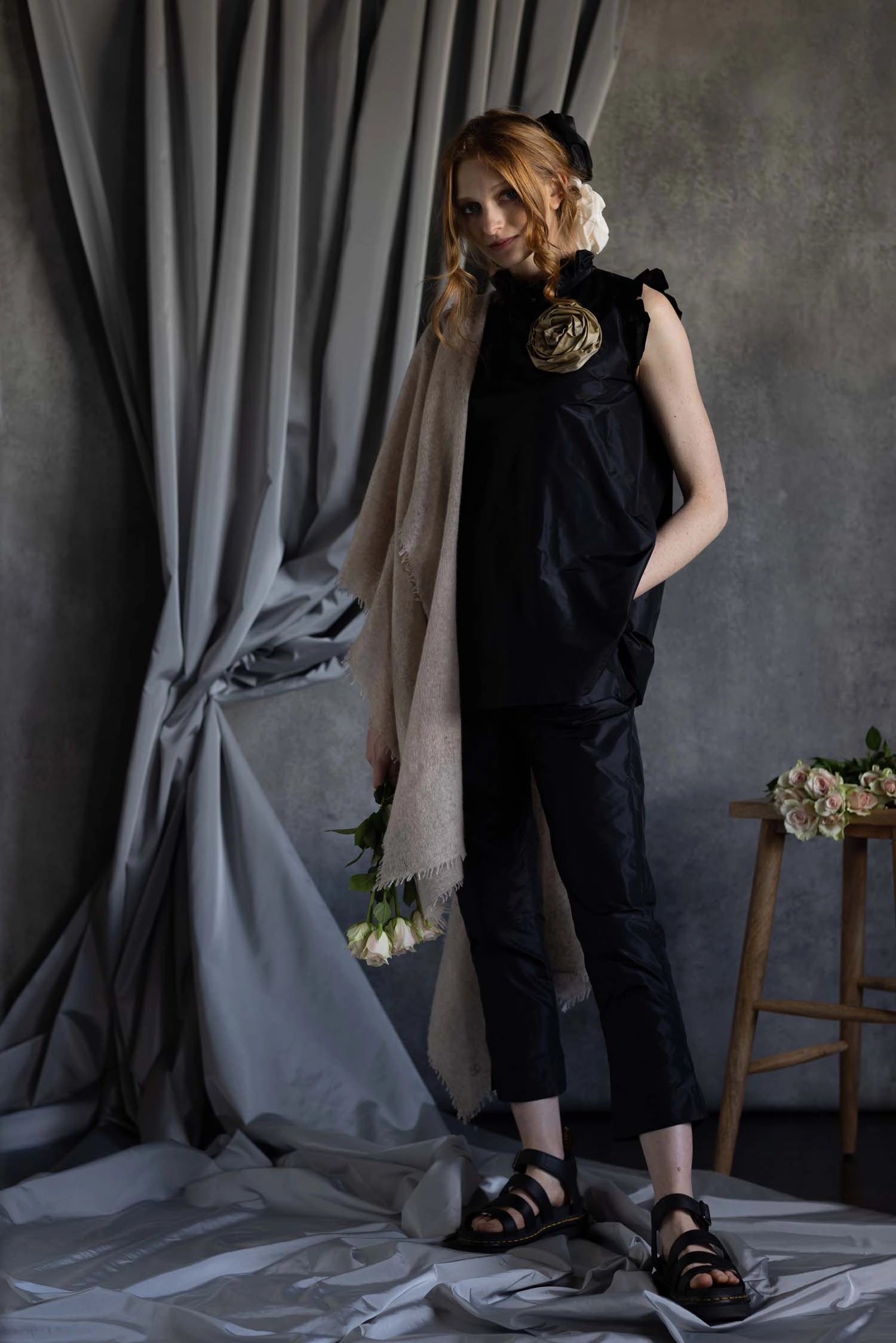 Silk Taffeta Cigarette Trousers in Black
