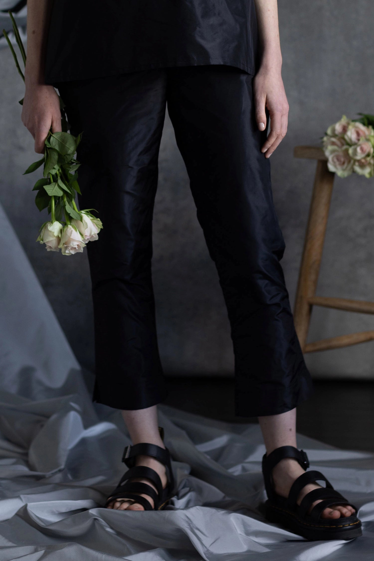 Silk Taffeta Cigarette Trousers in Black