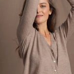 Lightweight Summer Cashmere Button Down V Neck Cardigan in Taupe