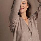 Lightweight Summer Cashmere Button Down V Neck Cardigan in Taupe