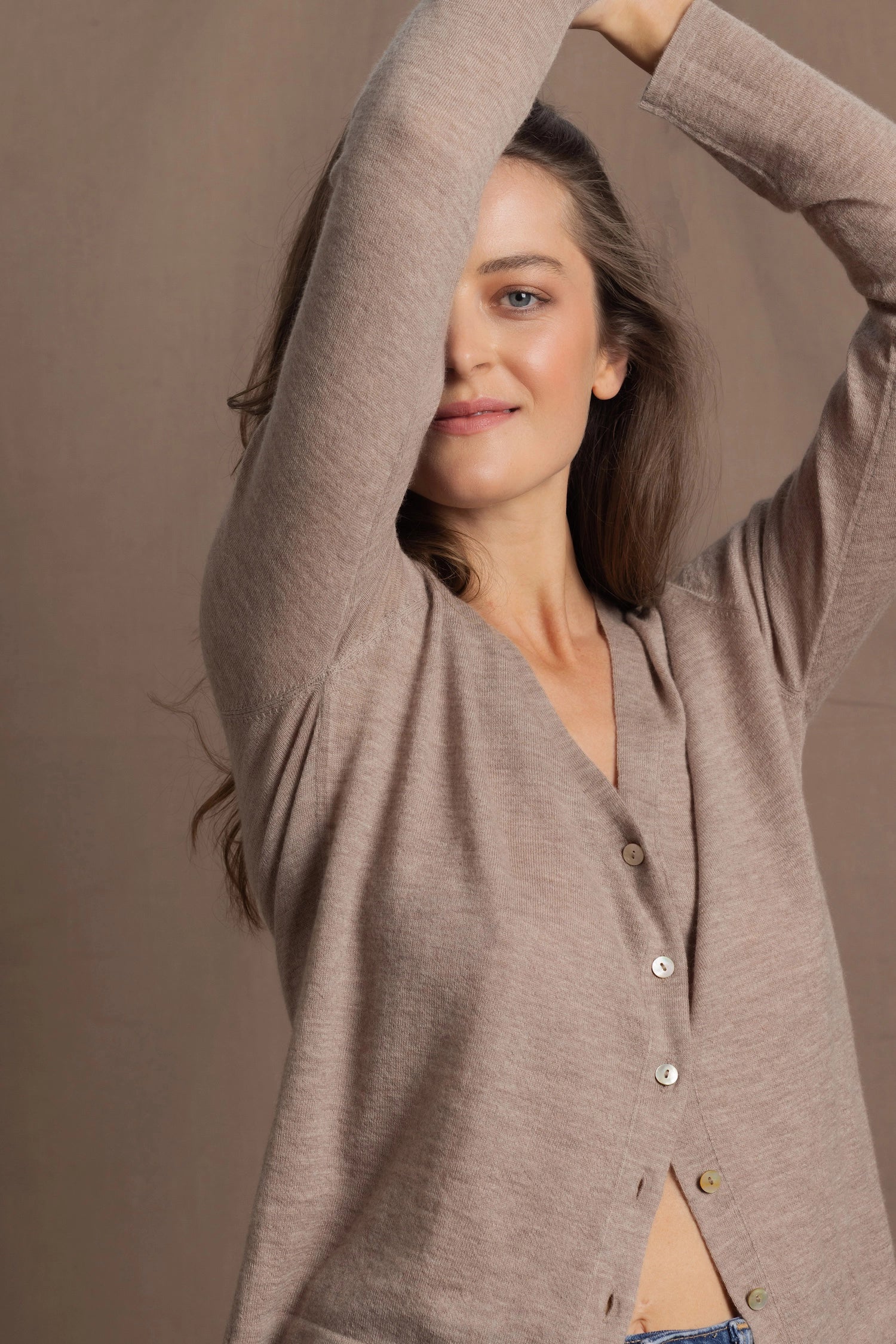 Lightweight Summer Cashmere Button Down V Neck Cardigan in Taupe