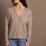 Lightweight Summer Cashmere Button Down V Neck Cardigan in Taupe