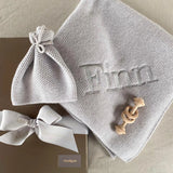 cashmere baby blanket and matching hat with moss stitch in pale grey