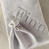 cashmere baby blanket and matching hat with moss stitch in pale grey