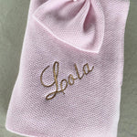cashmere baby blanket and matching hat with moss stitch in pale pink