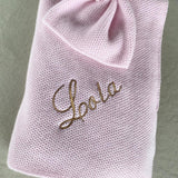 cashmere baby blanket and matching hat with moss stitch in pale pink