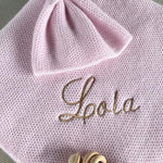 cashmere baby blanket and matching hat with moss stitch in pale pink