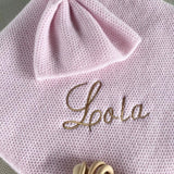 cashmere baby blanket and matching hat with moss stitch in pale pink