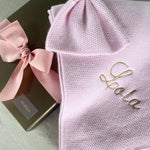 cashmere baby blanket and matching hat with moss stitch in pale pink