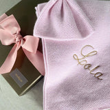 cashmere baby blanket and matching hat with moss stitch in pale pink