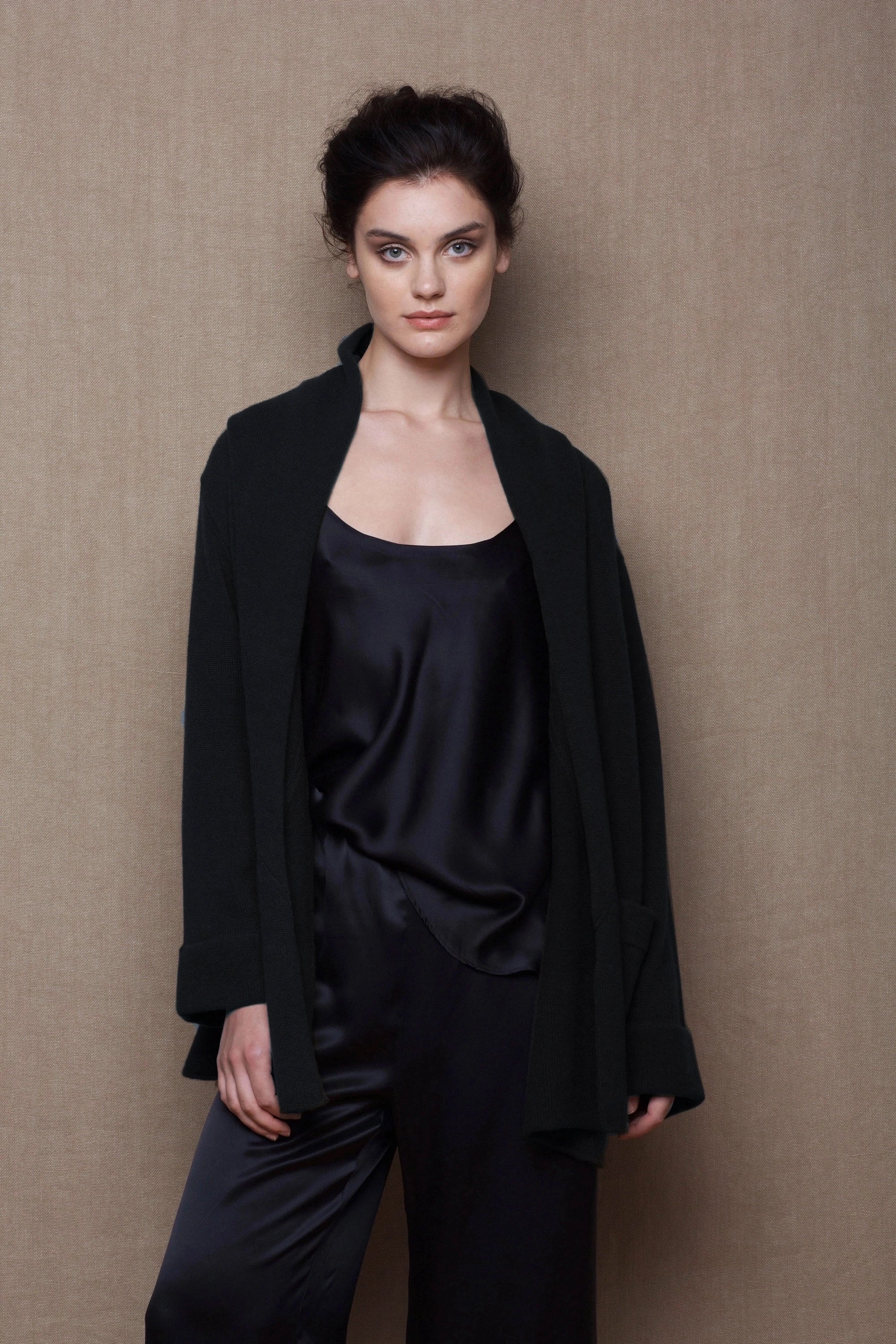 100% Cashmere Hooded Cardigan Coat in Black