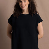 100% Cashmere Tee Sweater in Black worn with bright neon pink silk trousers