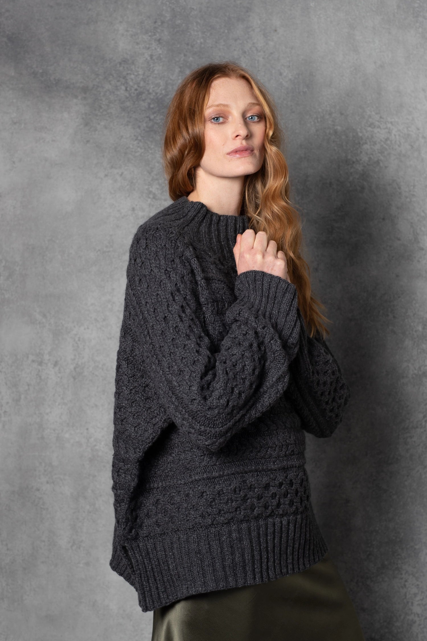 Luxury Cashmere Irish Aran Sweater in grey