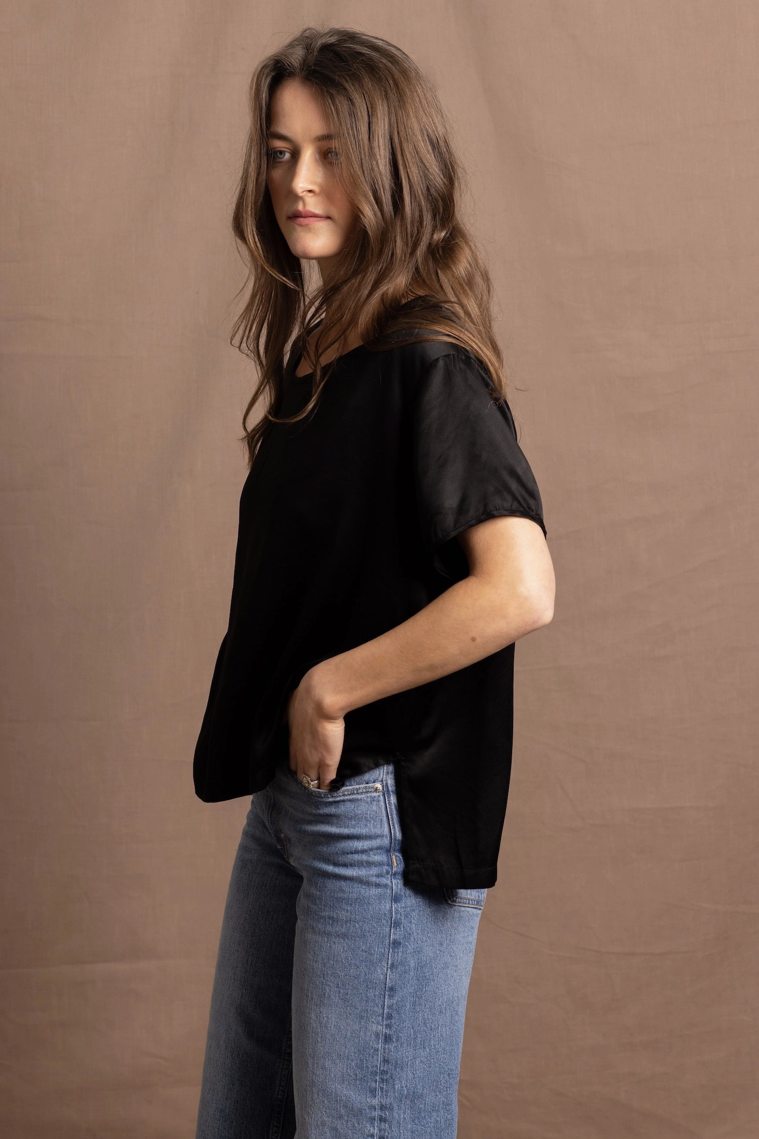 100% Silk Oversized T-Shirt in Black