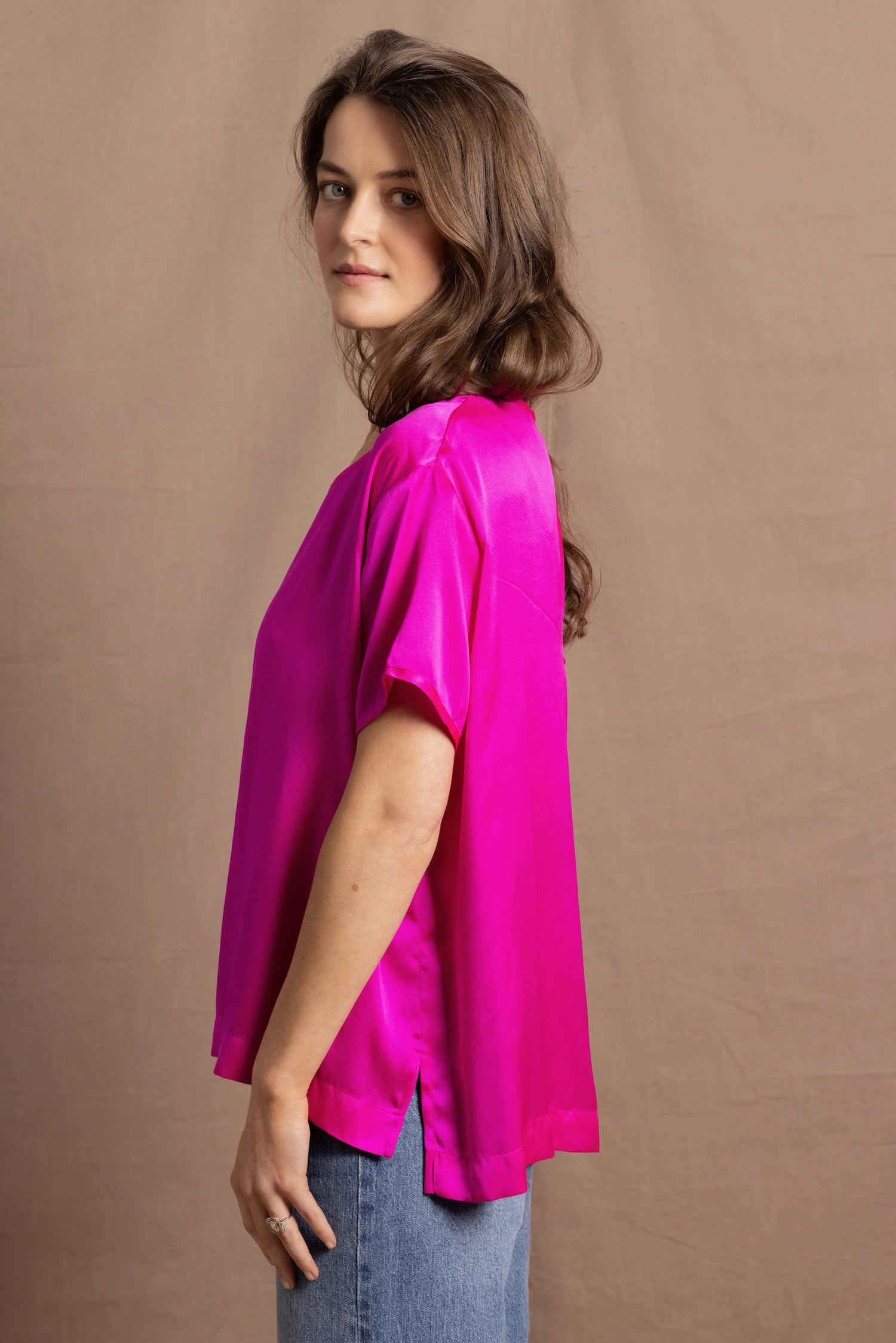 100% Silk Oversized T-Shirt in Bright Pink