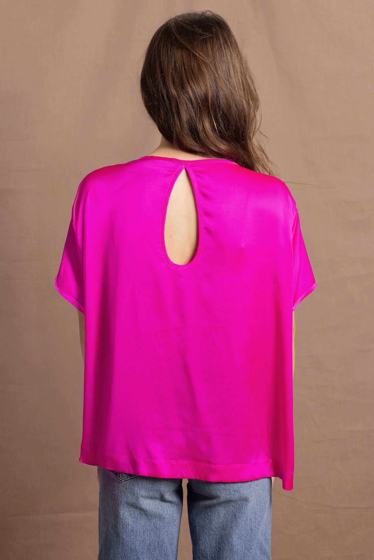100% Silk Oversized T-Shirt in Bright Pink