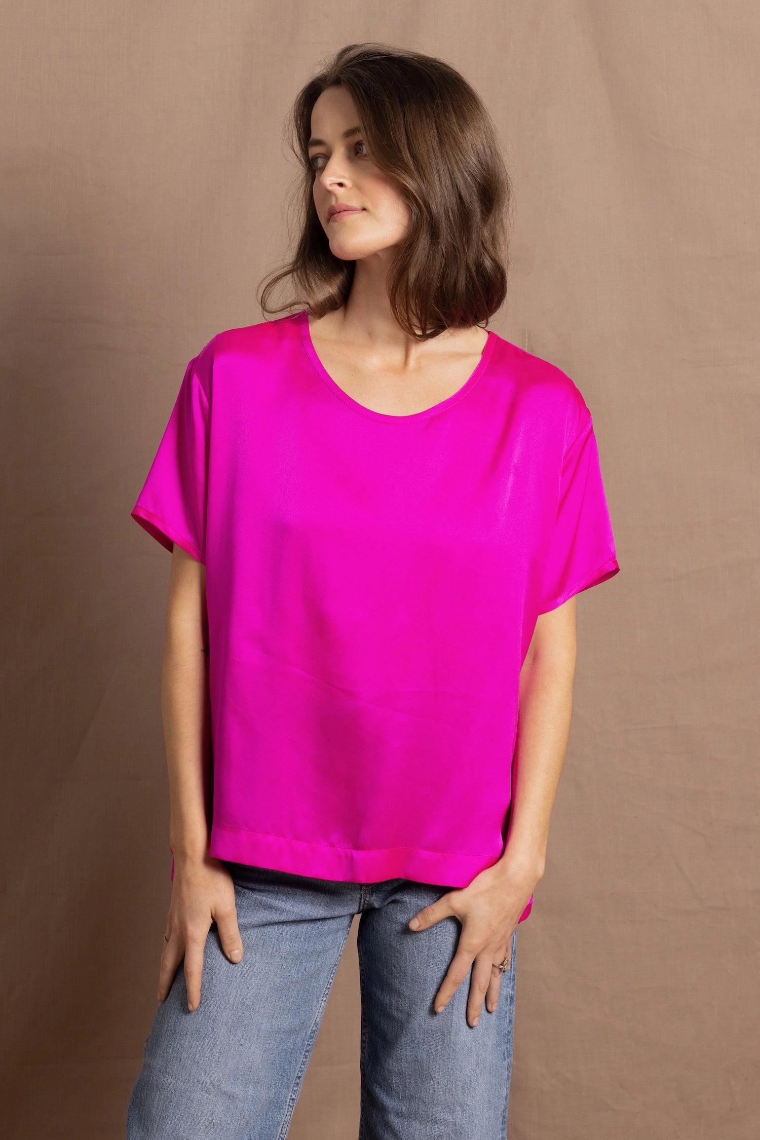 100% Silk Oversized T-Shirt in Bright Pink