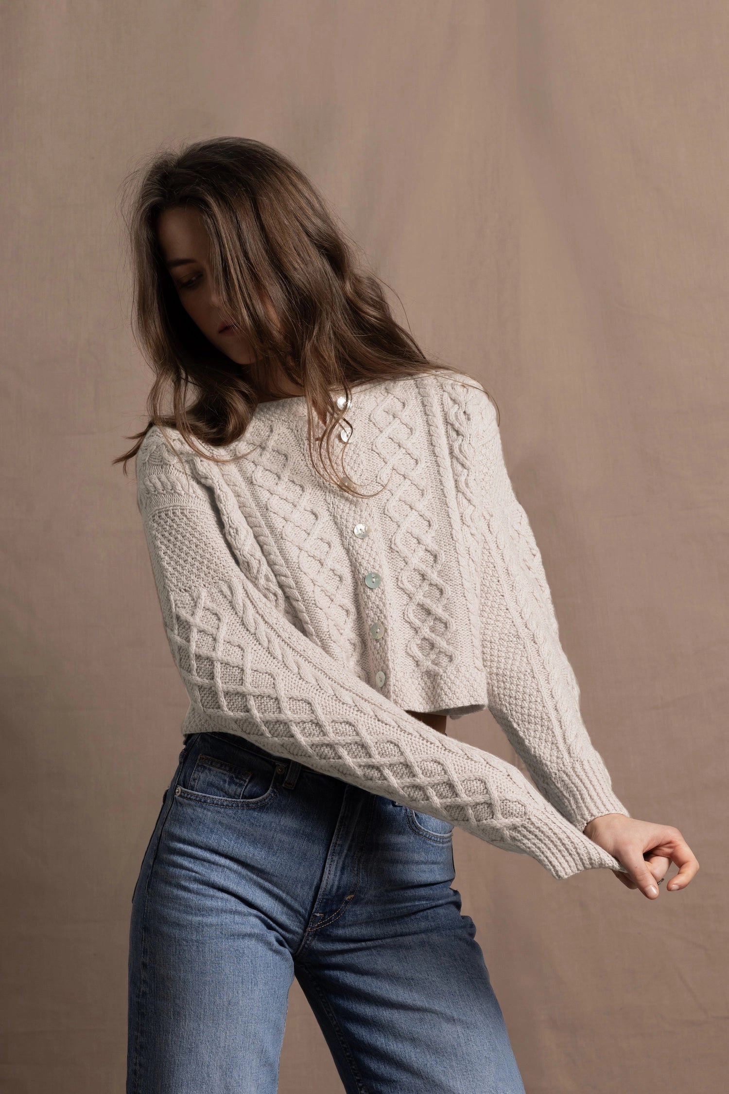 a pure 100% cashmere Irish aran sweater cardigan in soft pink