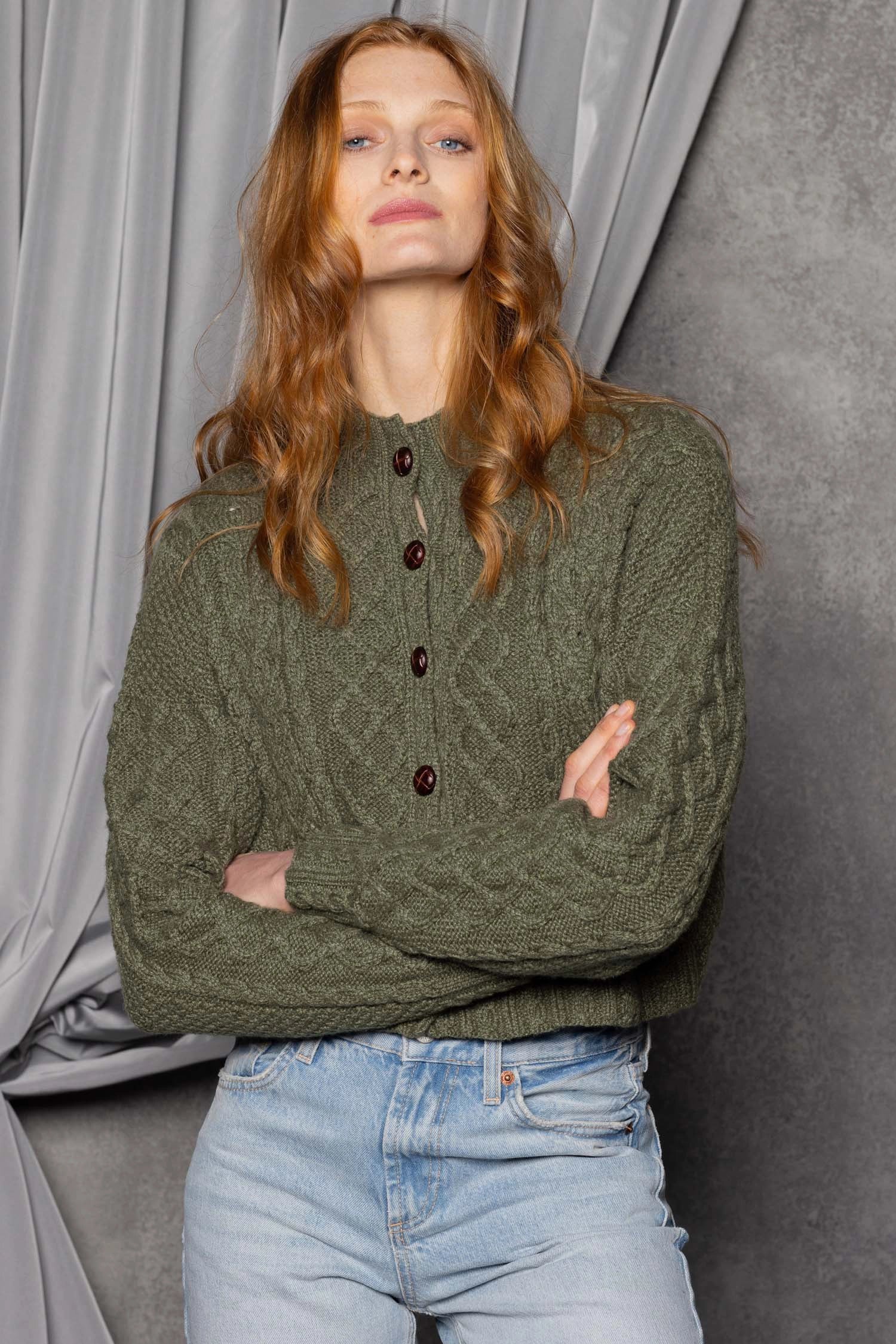 Luxury Cashmere Aran Cardigan in Green