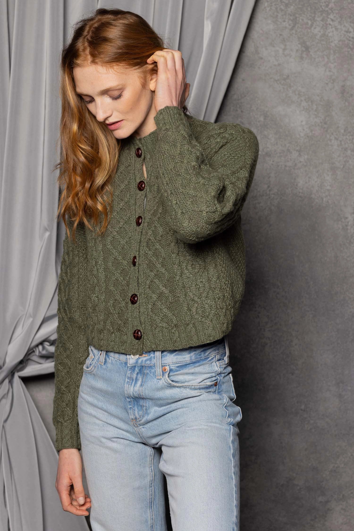 Luxury Cashmere Aran Cardigan in Green